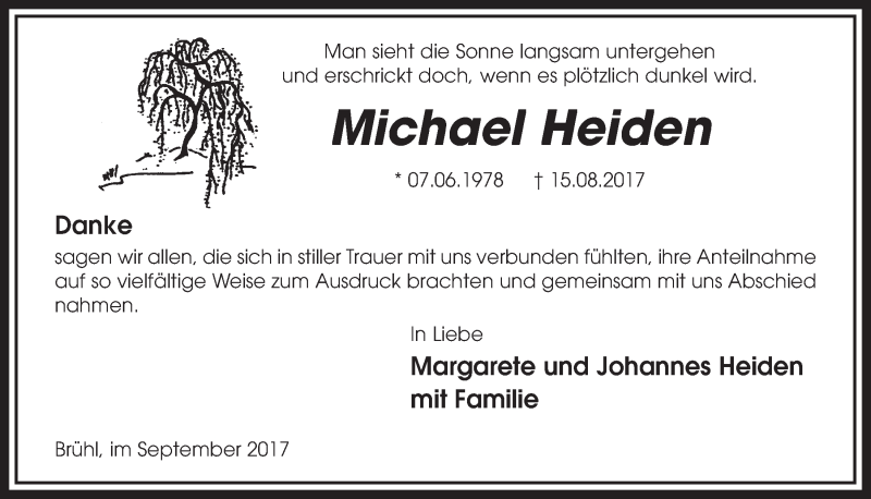  Traueranzeige für Michael Heiden vom 06.09.2017 aus  Schlossbote/Werbekurier 
