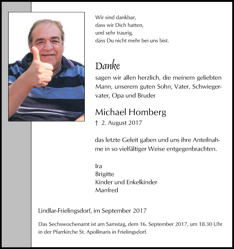  Traueranzeige für Michael Homberg vom 09.09.2017 aus Kölner Stadt-Anzeiger / Kölnische Rundschau / Express