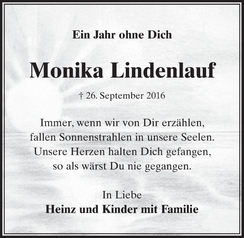  Traueranzeige für Monika Lindenlauf vom 23.09.2017 aus  Sonntags-Post 