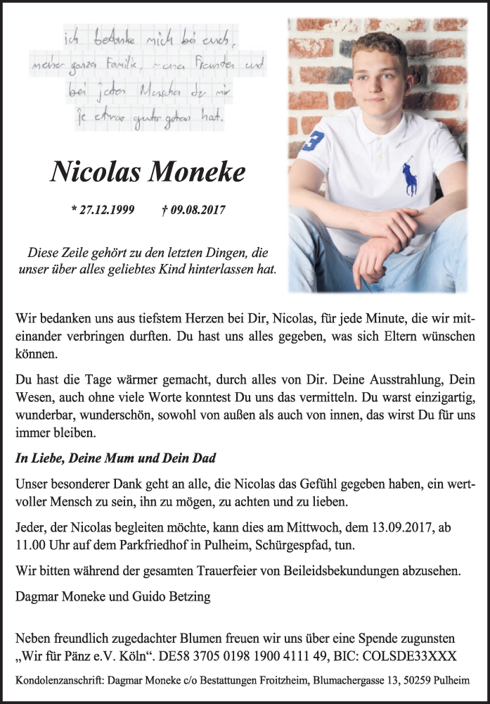  Traueranzeige für Nicolas Moneke vom 09.09.2017 aus  Sonntags-Post 