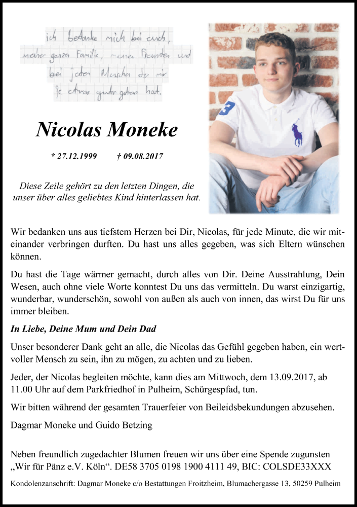  Traueranzeige für Nicolas Moneke vom 09.09.2017 aus Kölner Stadt-Anzeiger / Kölnische Rundschau / Express