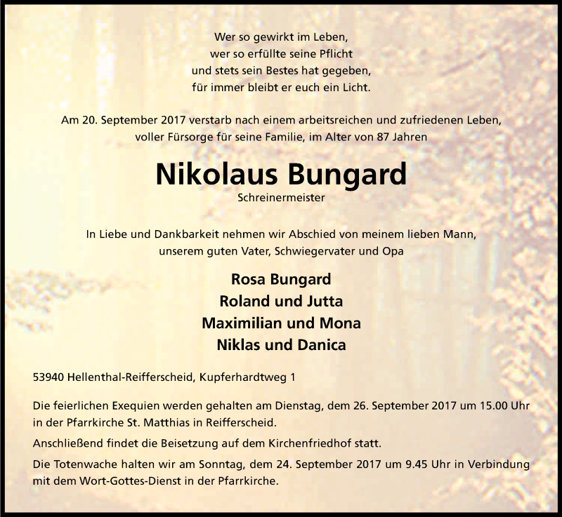  Traueranzeige für Nikolaus Bungard vom 21.09.2017 aus Kölner Stadt-Anzeiger / Kölnische Rundschau / Express