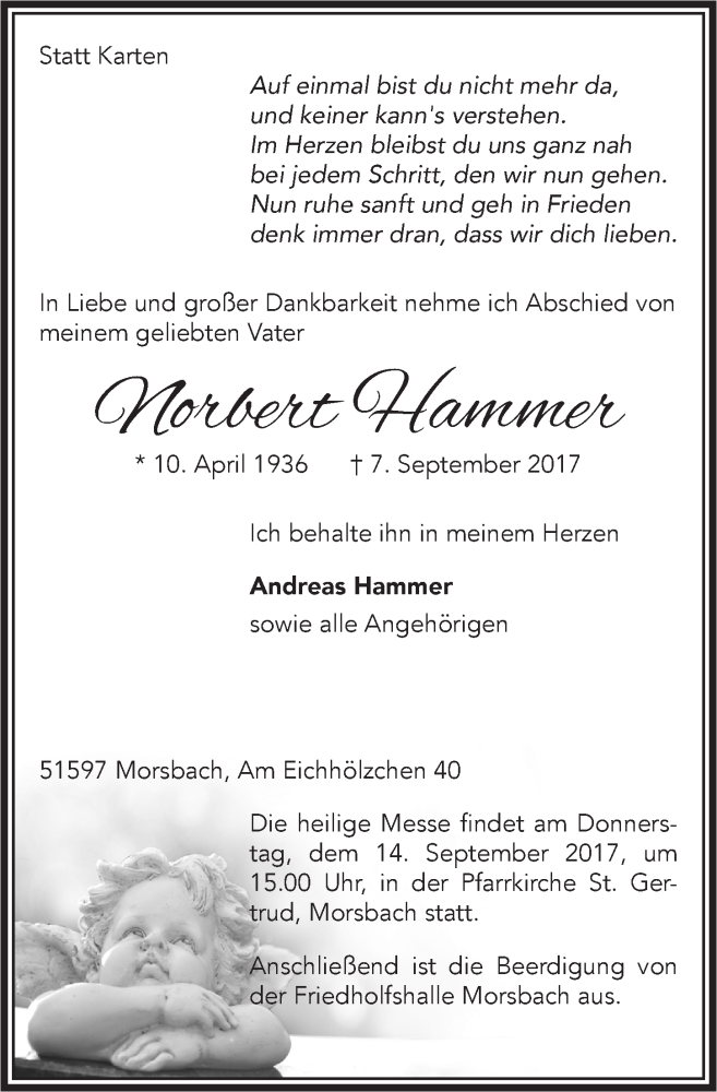  Traueranzeige für Norbert Hammer vom 13.09.2017 aus  Lokalanzeiger 