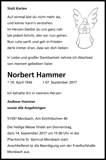 Anzeige von Norbert Hammer von Kölner Stadt-Anzeiger / Kölnische Rundschau / Express