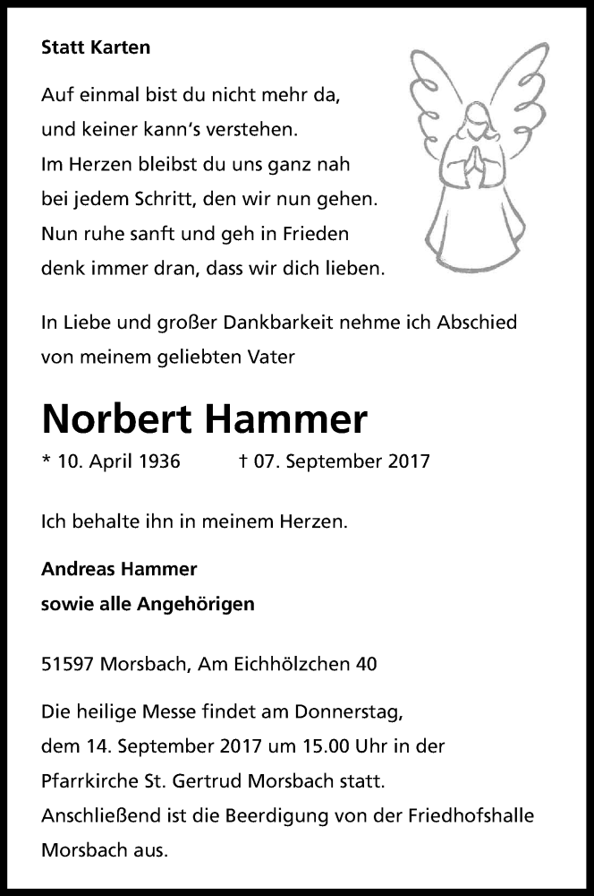  Traueranzeige für Norbert Hammer vom 12.09.2017 aus Kölner Stadt-Anzeiger / Kölnische Rundschau / Express