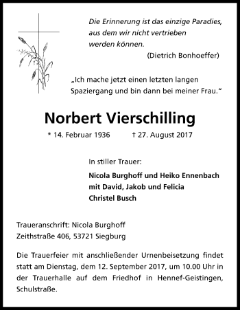 Anzeige von Norbert Vierschilling von Kölner Stadt-Anzeiger / Kölnische Rundschau / Express