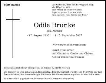 Anzeige von Odile Brunke von Kölner Stadt-Anzeiger / Kölnische Rundschau / Express