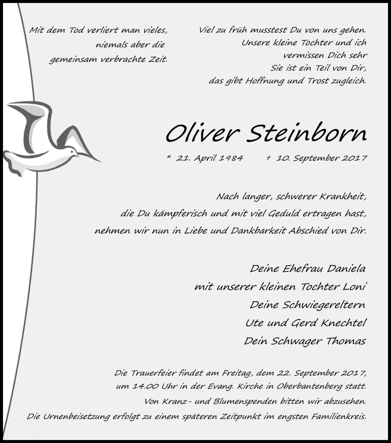  Traueranzeige für Oliver Steinborn vom 16.09.2017 aus Kölner Stadt-Anzeiger / Kölnische Rundschau / Express