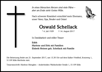 Anzeige von Oswald Schellack von Kölner Stadt-Anzeiger / Kölnische Rundschau / Express