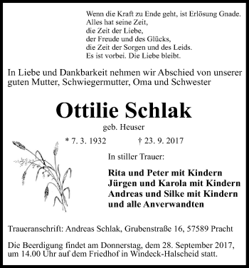 Anzeige von Ottilie Schlak von Kölner Stadt-Anzeiger / Kölnische Rundschau / Express