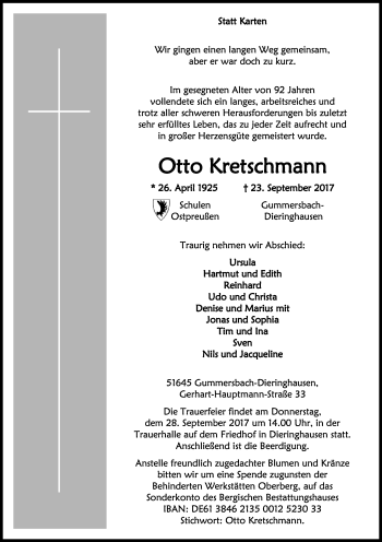 Anzeige von Otto Kretschmann von Kölner Stadt-Anzeiger / Kölnische Rundschau / Express