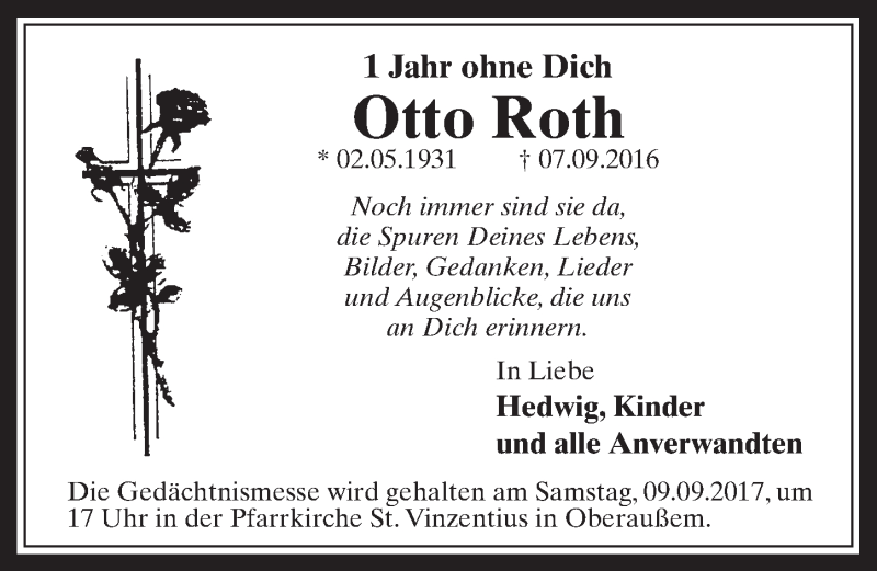  Traueranzeige für Otto Roth vom 06.09.2017 aus  Werbepost 