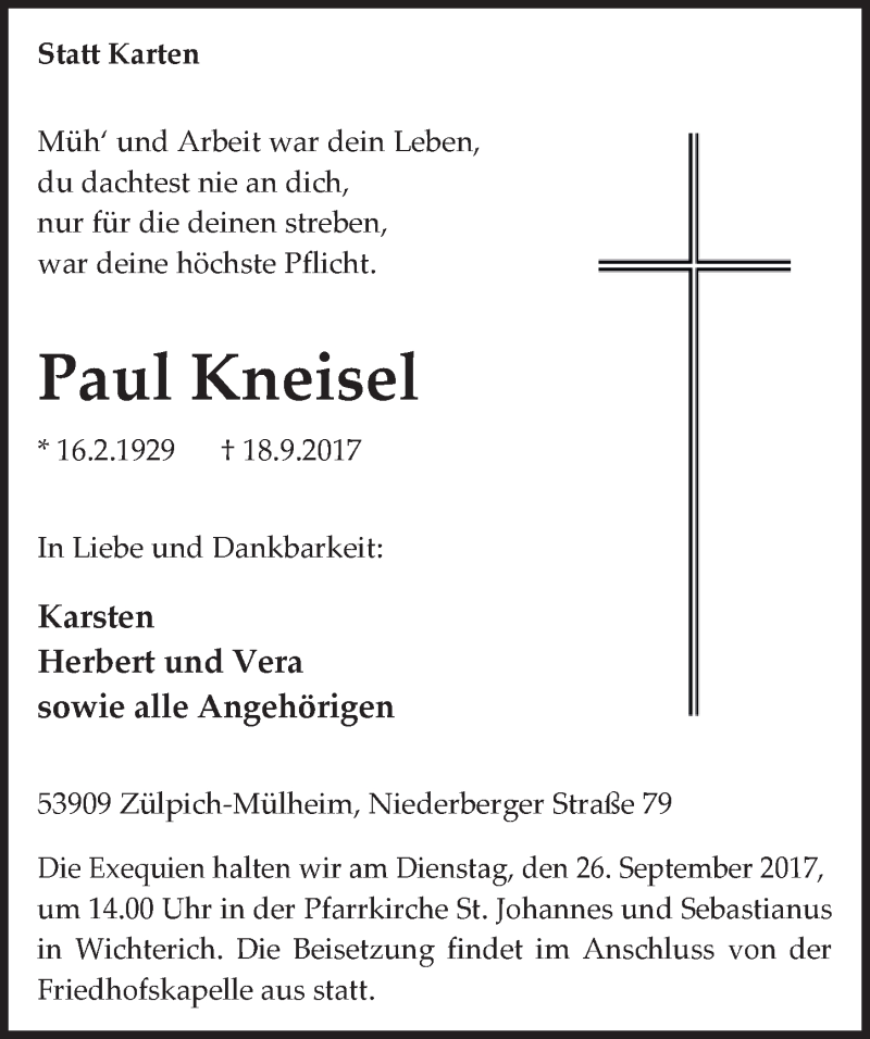  Traueranzeige für Paul Kneisel vom 23.09.2017 aus  Blickpunkt Euskirchen 