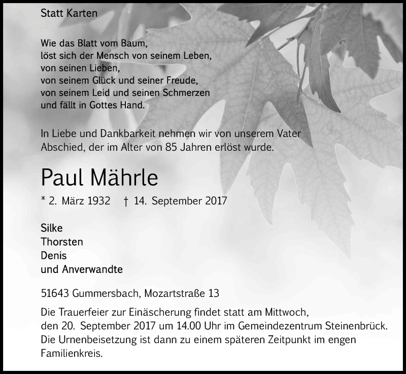  Traueranzeige für Paul Mährle vom 16.09.2017 aus Kölner Stadt-Anzeiger / Kölnische Rundschau / Express