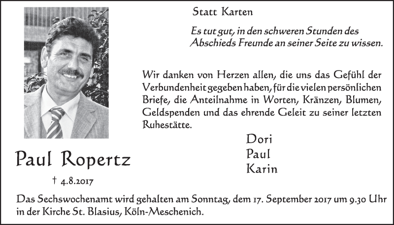  Traueranzeige für Paul Ropertz vom 13.09.2017 aus  Schlossbote/Werbekurier 