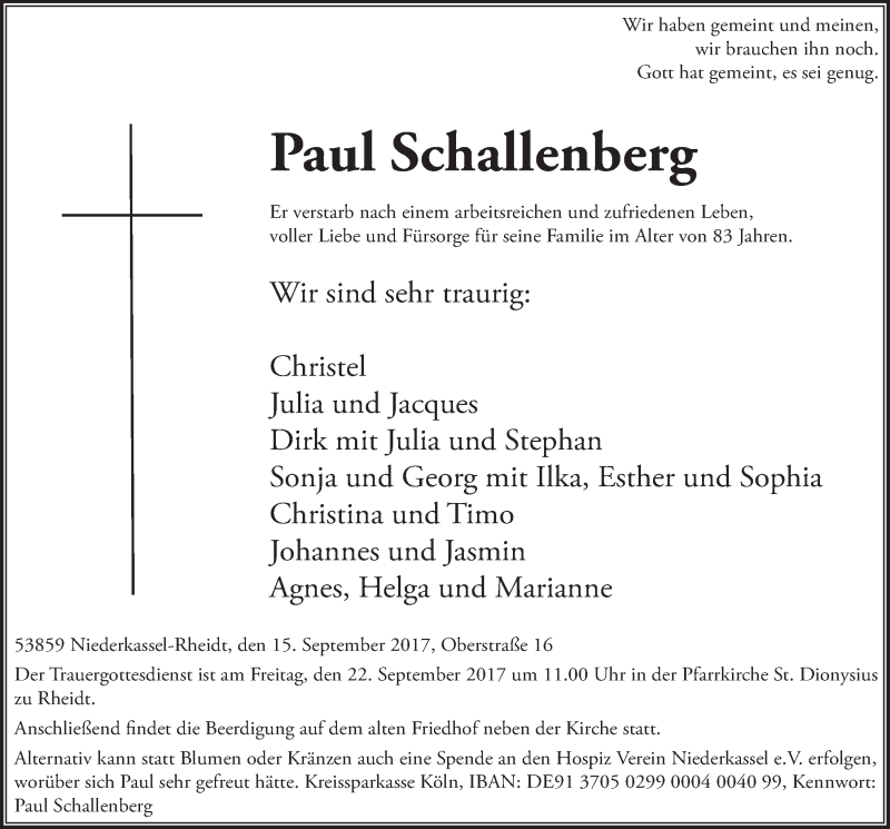  Traueranzeige für Paul Schallenberg vom 20.09.2017 aus  Extra Blatt 