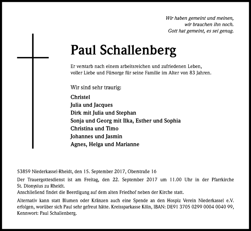  Traueranzeige für Paul Schallenberg vom 20.09.2017 aus Kölner Stadt-Anzeiger / Kölnische Rundschau / Express