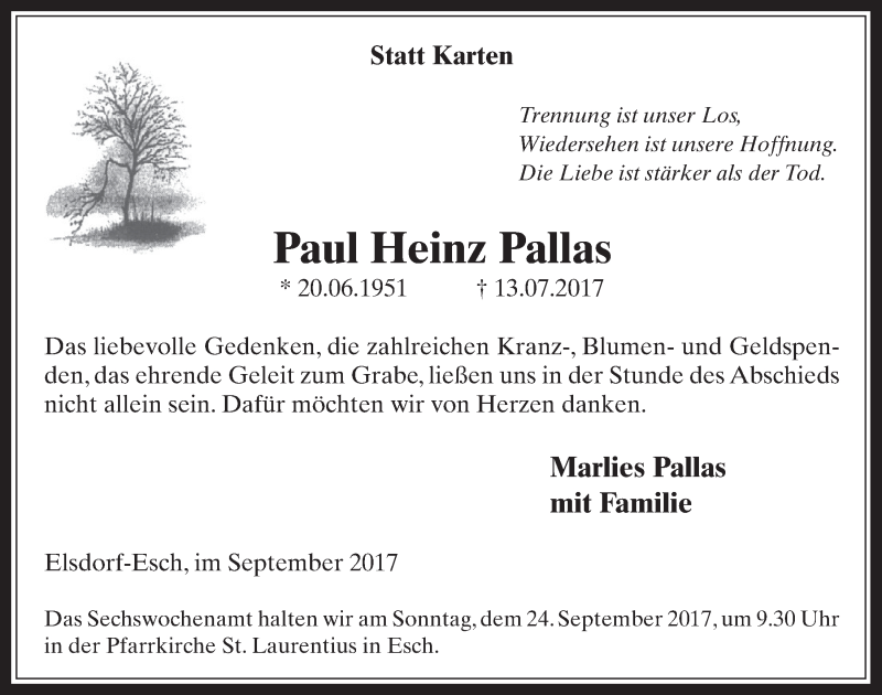  Traueranzeige für Paul Heinz Pallas vom 20.09.2017 aus  Werbepost 