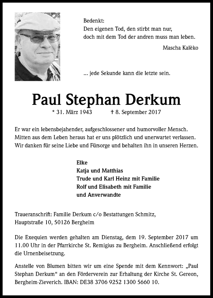  Traueranzeige für Paul Stephan Derkum vom 15.09.2017 aus Kölner Stadt-Anzeiger / Kölnische Rundschau / Express