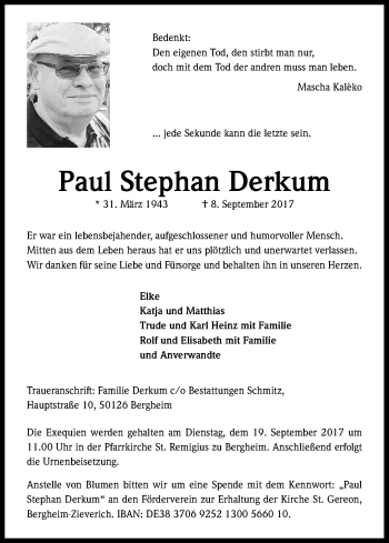 Anzeige von Paul Stephan Derkum von Kölner Stadt-Anzeiger / Kölnische Rundschau / Express