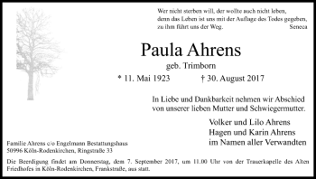 Anzeige von Paula Ahrens von Kölner Stadt-Anzeiger / Kölnische Rundschau / Express