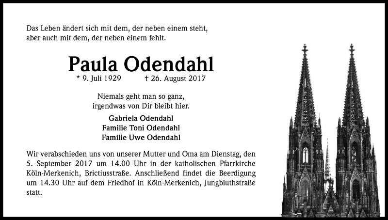  Traueranzeige für Paula Odendahl vom 02.09.2017 aus Kölner Stadt-Anzeiger / Kölnische Rundschau / Express