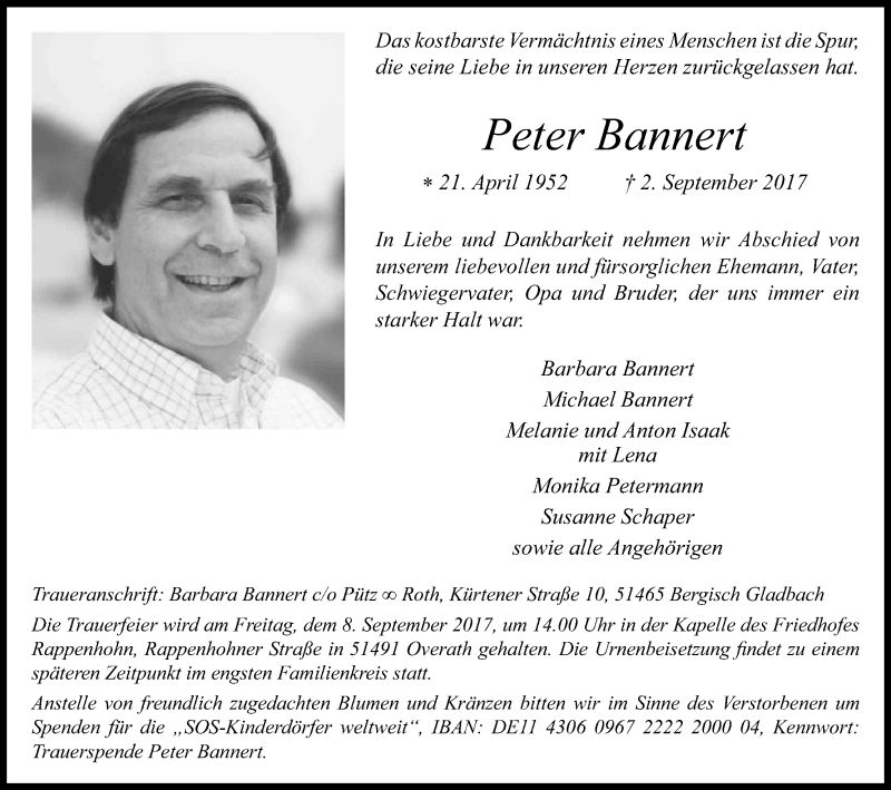  Traueranzeige für Peter Bannert vom 07.09.2017 aus Kölner Stadt-Anzeiger / Kölnische Rundschau / Express