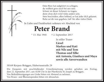 Anzeige von Peter Brand von  Sonntags-Post 