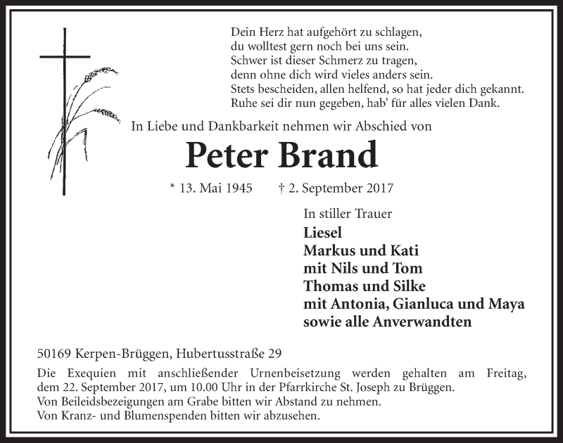  Traueranzeige für Peter Brand vom 16.09.2017 aus  Sonntags-Post 