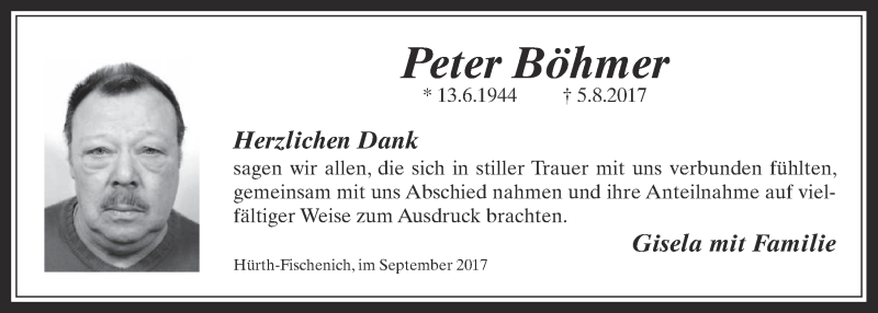  Traueranzeige für Peter Böhmer vom 27.09.2017 aus  Wochenende 