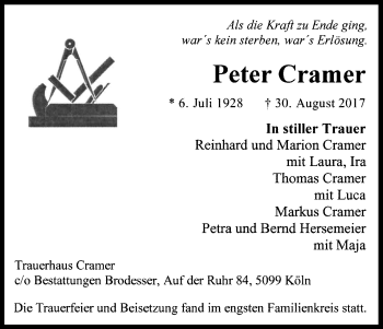 Anzeige von Peter Cramer von Kölner Stadt-Anzeiger / Kölnische Rundschau / Express