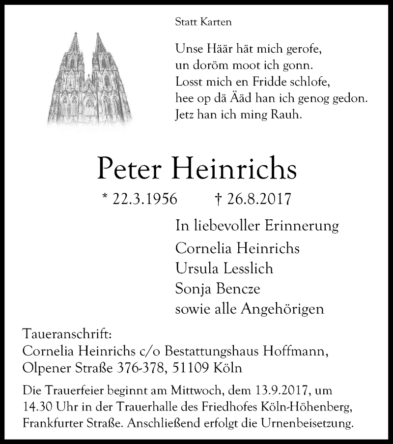  Traueranzeige für Peter Heinrichs vom 09.09.2017 aus Kölner Stadt-Anzeiger / Kölnische Rundschau / Express