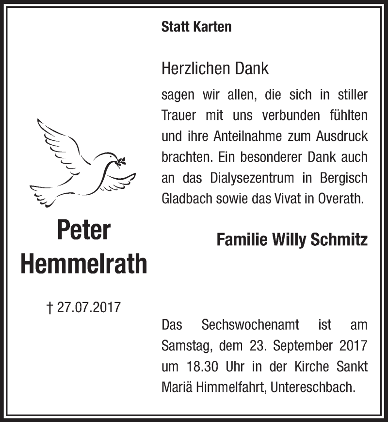  Traueranzeige für Peter Hemmelrath vom 13.09.2017 aus  Bergisches Handelsblatt 