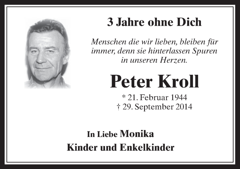  Traueranzeige für Peter Kroll vom 27.09.2017 aus  Werbepost 