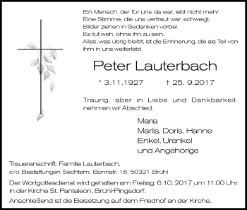 Anzeige von Peter Lauterbach von Kölner Stadt-Anzeiger / Kölnische Rundschau / Express