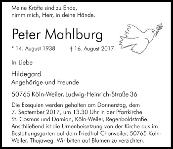 Anzeige von Peter Mahlburg von Kölner Stadt-Anzeiger / Kölnische Rundschau / Express