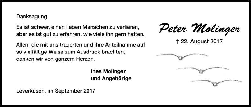  Traueranzeige für Peter Molinger vom 16.09.2017 aus Kölner Stadt-Anzeiger / Kölnische Rundschau / Express