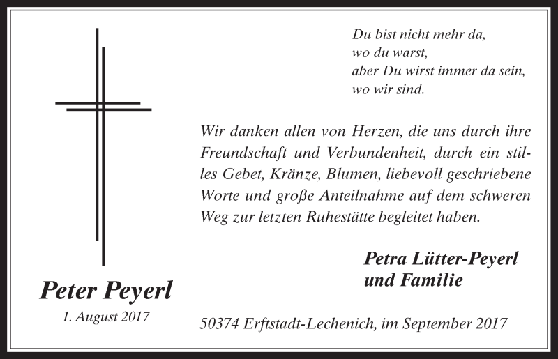  Traueranzeige für Peter Peyerl vom 20.09.2017 aus  Werbepost 