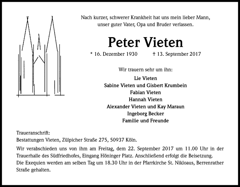  Traueranzeige für Peter Vieten vom 16.09.2017 aus Kölner Stadt-Anzeiger / Kölnische Rundschau / Express