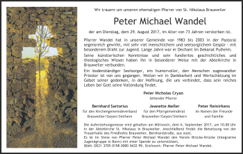 Anzeige von Peter Michael Wandel von Kölner Stadt-Anzeiger / Kölnische Rundschau / Express