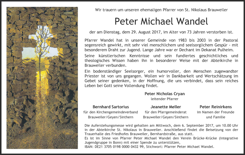  Traueranzeige für Peter Michael Wandel vom 02.09.2017 aus Kölner Stadt-Anzeiger / Kölnische Rundschau / Express
