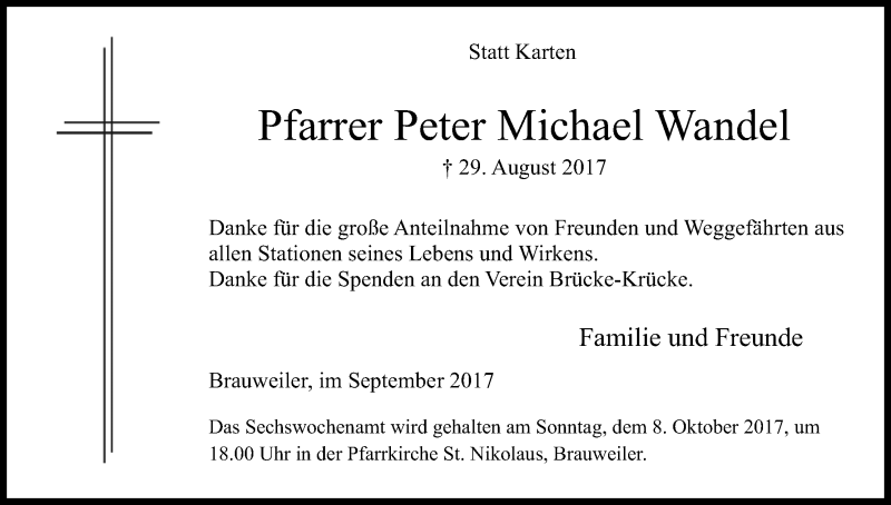  Traueranzeige für Peter Michael Wandel vom 30.09.2017 aus Kölner Stadt-Anzeiger / Kölnische Rundschau / Express