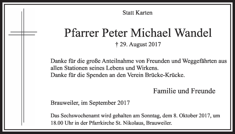  Traueranzeige für Peter Michael Wandel vom 30.09.2017 aus  Sonntags-Post 