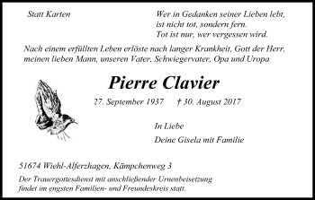 Anzeige von Pierre Clavier von Kölner Stadt-Anzeiger / Kölnische Rundschau / Express