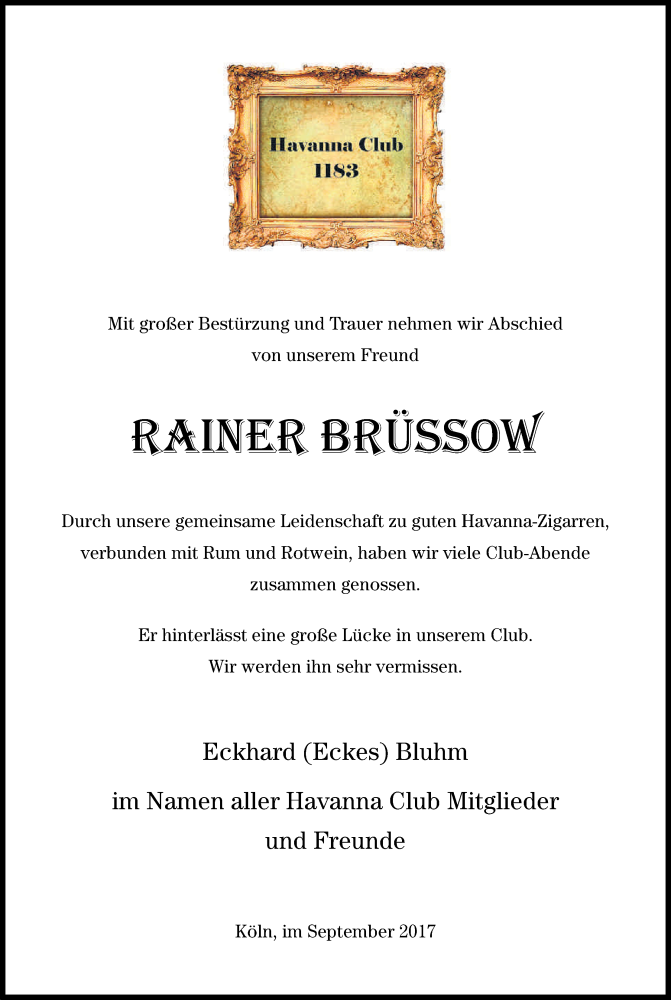  Traueranzeige für Rainer Brüssow vom 16.09.2017 aus Kölner Stadt-Anzeiger / Kölnische Rundschau / Express