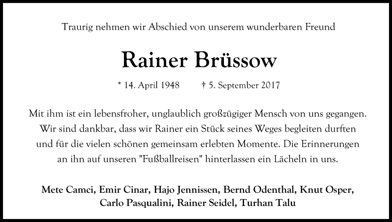  Traueranzeige für Rainer Brüssow vom 13.09.2017 aus Kölner Stadt-Anzeiger / Kölnische Rundschau / Express