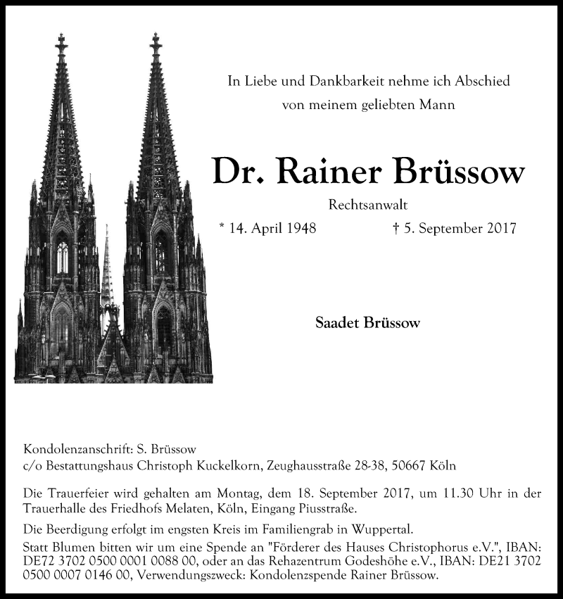  Traueranzeige für Rainer Brüssow vom 09.09.2017 aus Kölner Stadt-Anzeiger / Kölnische Rundschau / Express