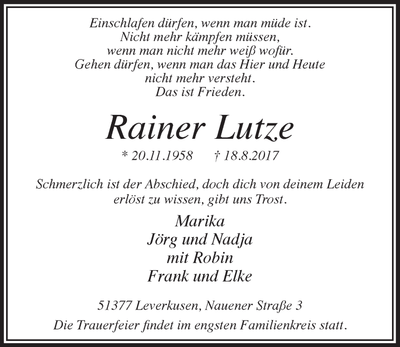  Traueranzeige für Rainer Lutze vom 13.09.2017 aus  Lokale Informationen 