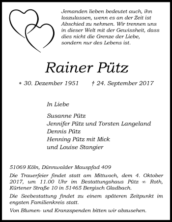 Anzeige von Rainer Pütz von Kölner Stadt-Anzeiger / Kölnische Rundschau / Express