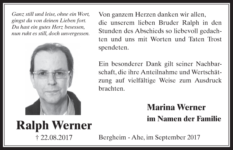  Traueranzeige für Ralph Werner vom 06.09.2017 aus  Werbepost 